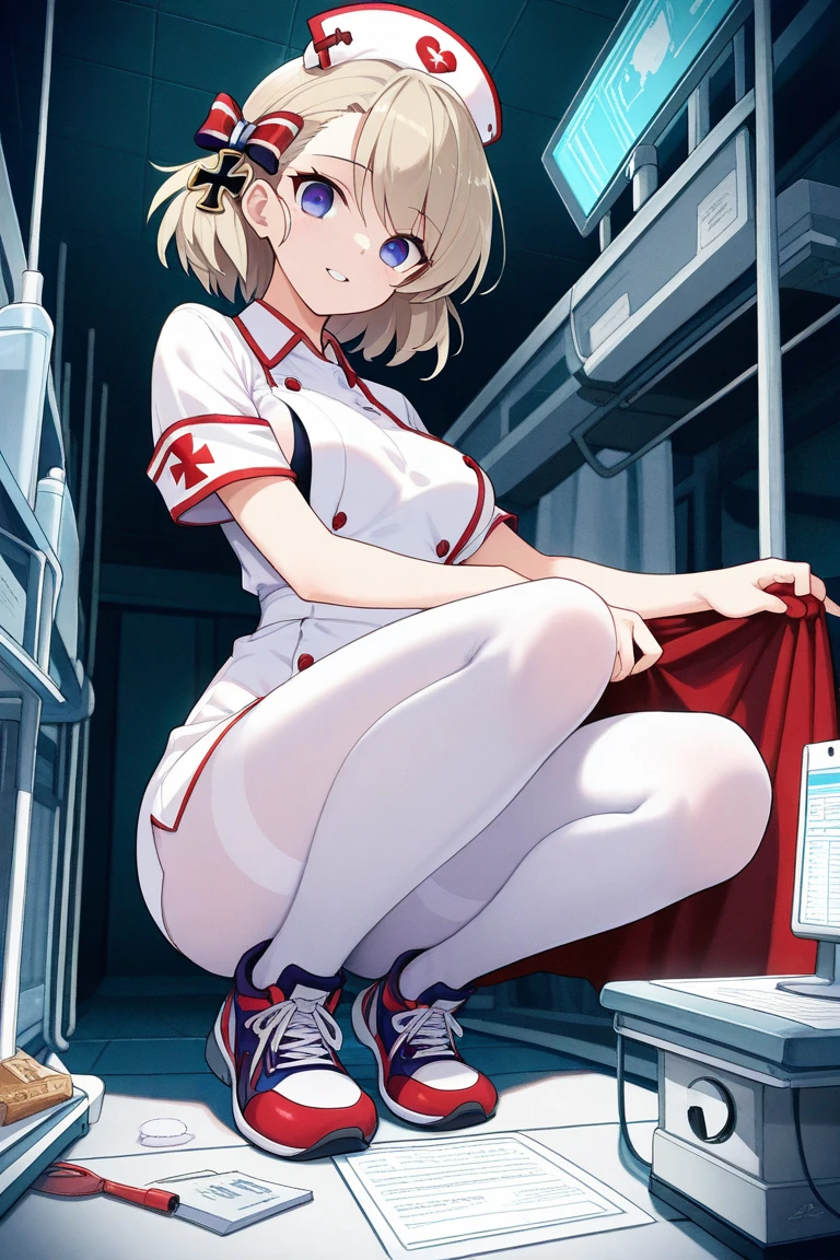 masterpiece, highest quality, highest detail, 1 girl, BREAK, horror, (Small injured girl, blood, bleeding, injury), Shining white hair, jewel-like red eyes, anime highlight eyes, (Nurse uniform: 1.4), (White tight miniskirt: 1.2), White pantyhose, scarred clothes, dirty clothes, bloodstained clothes, scarred skin, battle damage, bandaged arms, bandaged legs, (Yandere:1.2), BREAK, The background is a modern hospital, a collapsed hospital, BREAK, full body, movie lighting, action movie poster, dynamic, beautiful girl action actor, motion blur, depth of field, 35mm, Sony FE, 1girl,