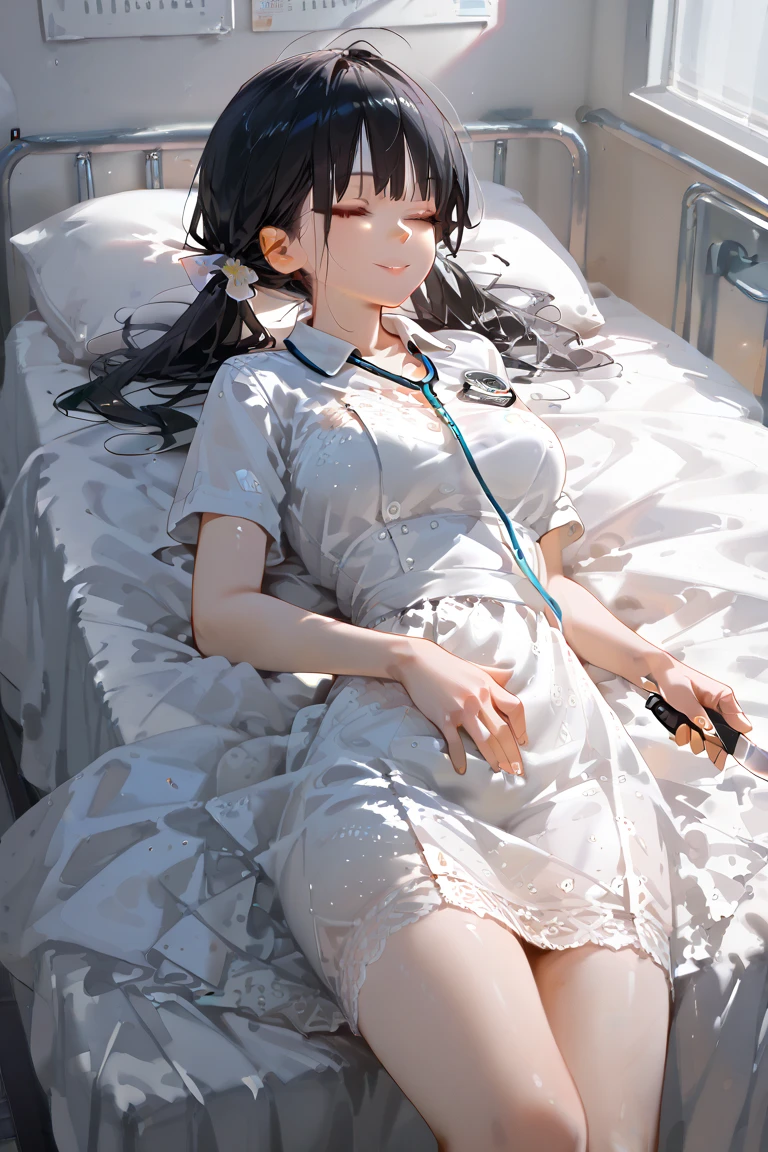 A woman in a white dress (long black hair, pretty,) was lying on a hospital bed, her expression uncomfortable, crying