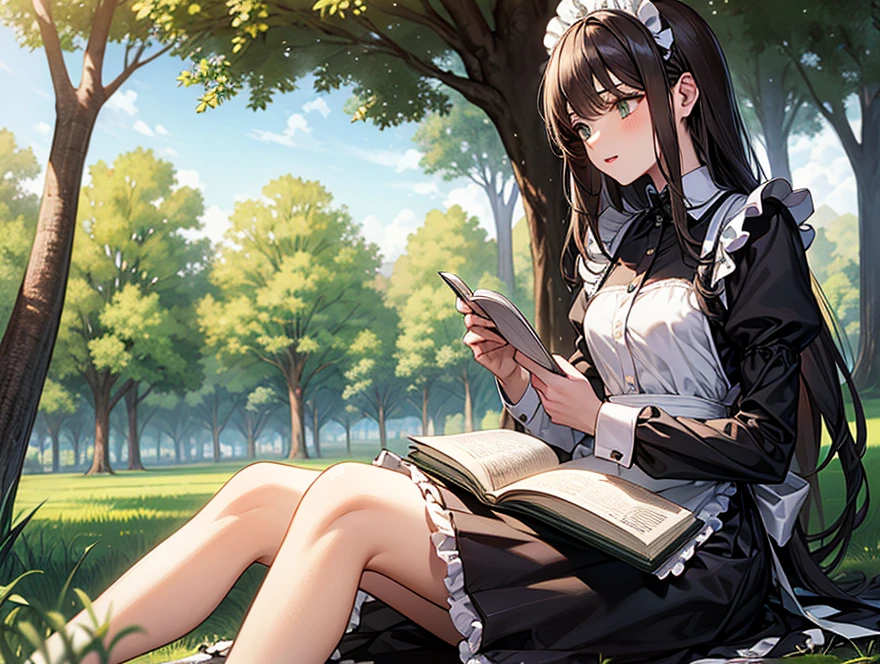 (score_9,score_8_up,score_7_up),cinematic lighting,(masterpiece, best quality),a girl is sitting under a sunlit tree reading a book,twintails,blue flower,white flowers,foot_focus,yellow eyes,carpet,teacup,white thighhighs,bird,feet,