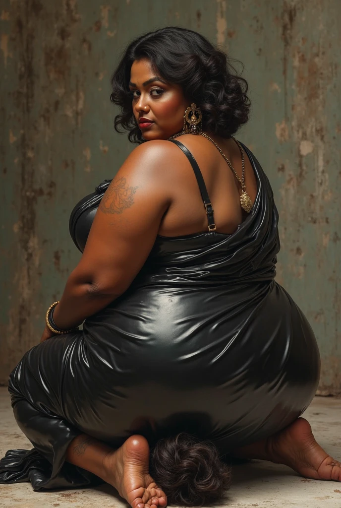 Busty 250 pound obese ((black female rapper on stage with a man Deejay:1.4)). She has (( unreal, oversize, large saggy tits showing massive gross cleavage:1.2)) and holding a (microphone on a stand:1.1). ((she is wearing makeup, dark red lipstick, a cross pendant)), and a ((slutty and revealing red dress:1.2)), ((her mouth is closed:1.1))