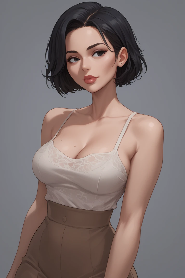 Beautiful tan girl with black eyes color, black hair color, 
