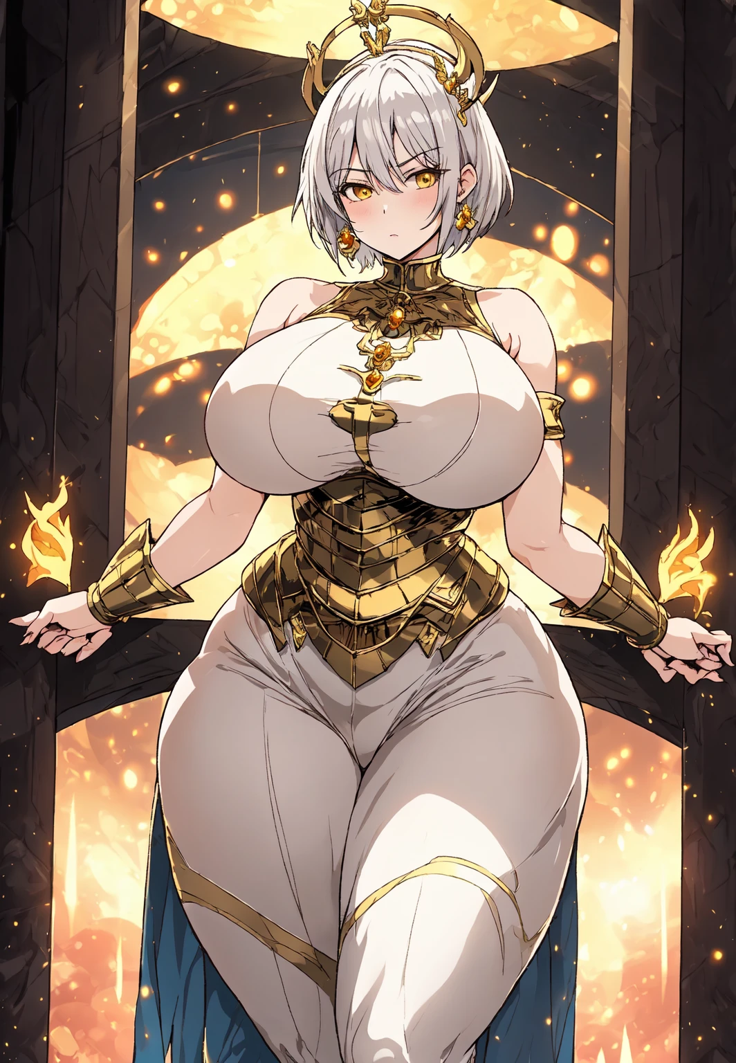 (((surreal naked woman)))、((very beautiful 50 year old naked woman))、(((Big big cleavage)))、blonde mature、plump body shape、smile、middle-aged beauty 、Very delicate and delicate skin text、{(ancient ornate and luxurious temple)、(many torches are burning)}、red lips、fine scarlet eyes、nude body、I have a shining platinum wand、hair bun, full detailed zoom,16k ultra
