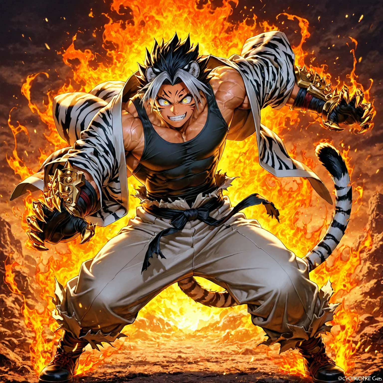 (a boy with flowing hair and piercing orange eyes),(a fierce tiger mutant),(a dynamic and charismatic vtuber),(3D rendering and digital art medium),(vibrant colors and a surreal atmosphere),(best quality, high resolution, detailed),(anime style),(bright and energetic lighting)