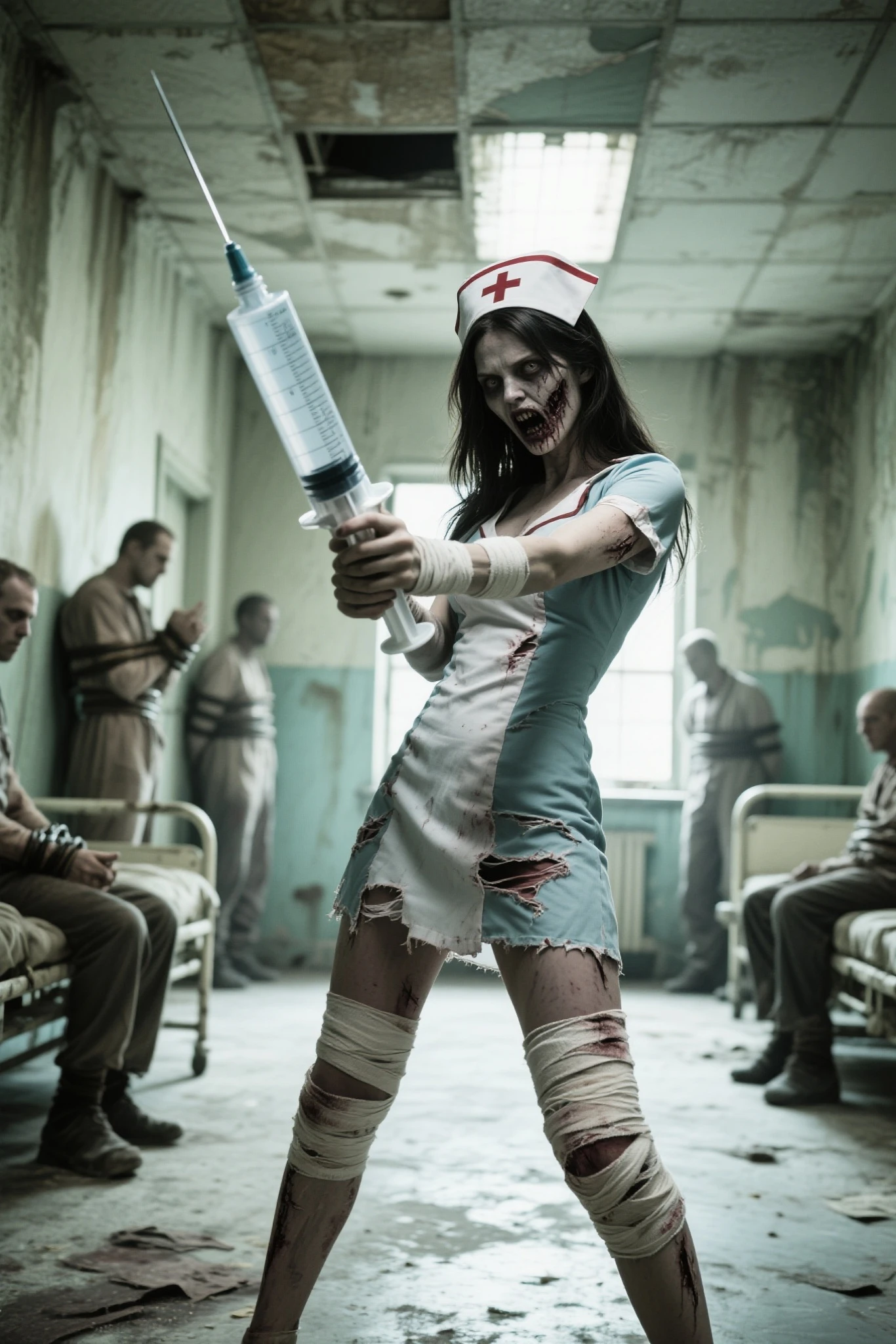 "expressive anime sketch style, solid coloring, Tank Girl, wearing nurse outfit, dress apron and cap medical scrubs, face with ornate blackmetal corpsepaint, uv light ray face mask, with a Frederic Delavier-inspired musculature anatomical illustration style. Piercing eyes, Set against a liminal hospital corridor background with florescent low level dim glow, with a subtle, glowing ROYGBIV color palette and hospital tones. Incorporate expressive, Joelle Jones-style comic book art nuances and Gerardo Zaffino-inspired charcoal textures. Emphasize the surreal, abstract, and cinematic aspects, with a focus on craftsmanship and nuance. Incorporate subliminal orchids and a sense of nyctophobia, with a silhouette and double exposure effect, creating an image within an image."