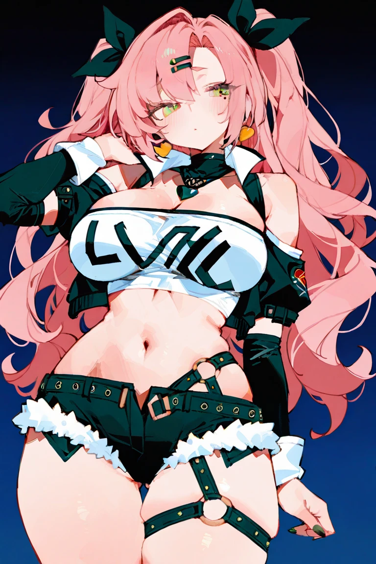 Super detailed、highest quality、Best image quality、masterpiece、8K、Anime Face、A kind smile、Open Mouth、Sparkling Blue Eyes、(Long pink wavy hair:1.5)、、(SFW huge body:1.3)、Cowboy Shot、(Wearing a white thong:1.3)、Muscles of the whole body、(Place your hands on your hips:1.5)
