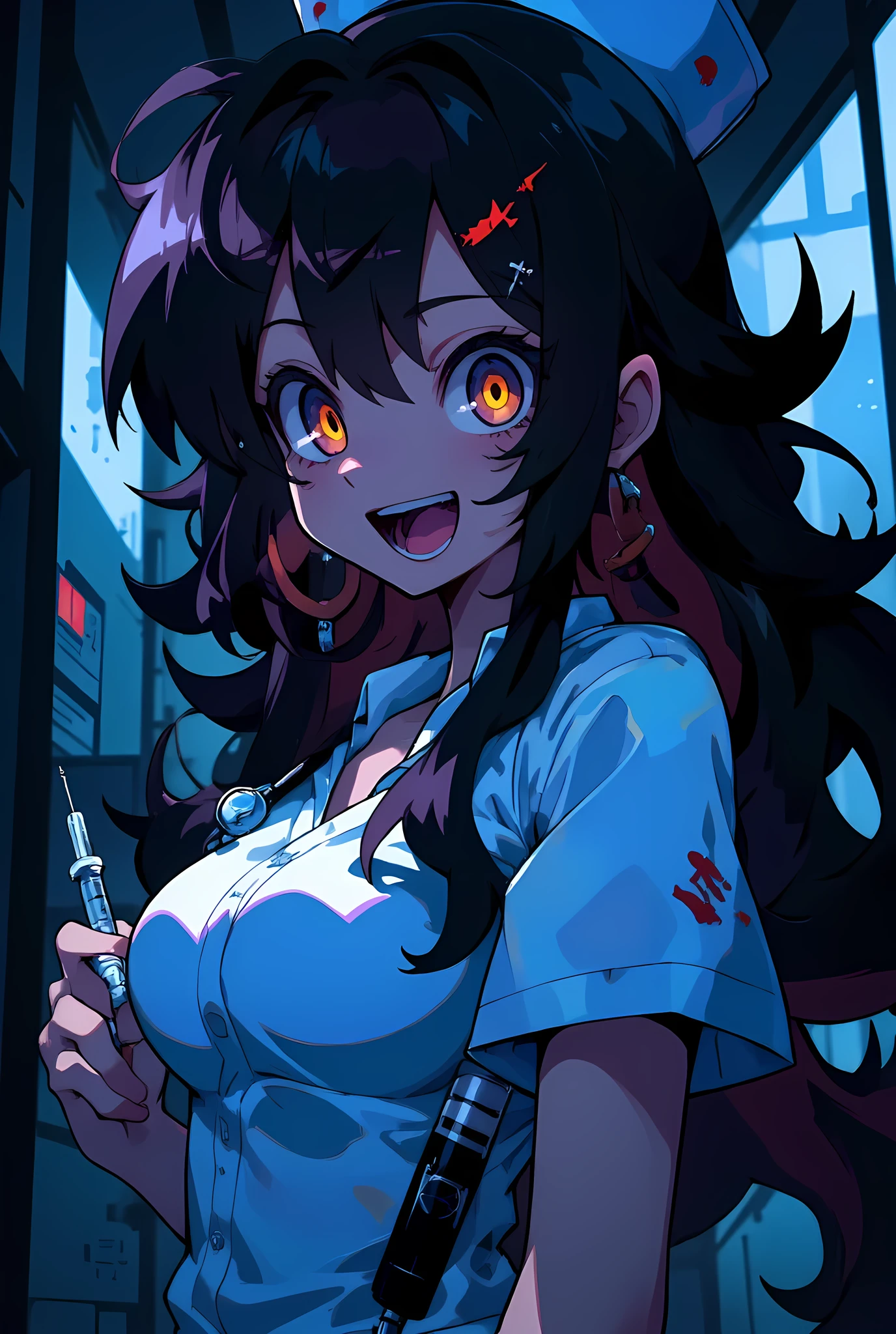 anime-style bust-up portrait of a yandere nurse in a dimly lit hospital room, long messy wavy hair, glowing spiral pupils, dark eye bags, wide demonic grin with sharp teeth slightly showing, flushed cheeks, cold bluish lighting casting shadows across her face, holding a syringe ominously, shadows creeping in the background, unsettling contrast between her cheerful expression and eerie setting, high detail, masterpiece illustration