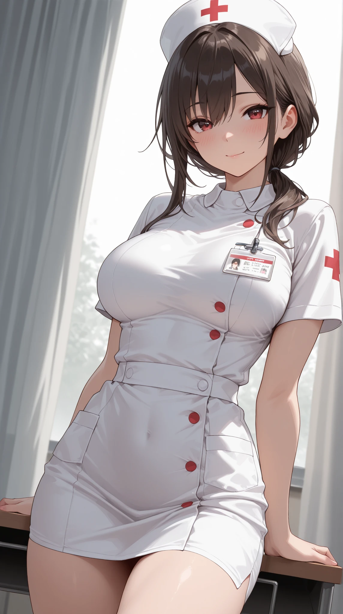 A beautiful anime nurse with green eyes, cottagecore style, candid atmosphere, dark white and dark blue colors, 32k ultra high definition, womancore aesthetic, smooth and shiny skin, schoolgirl lifestyle