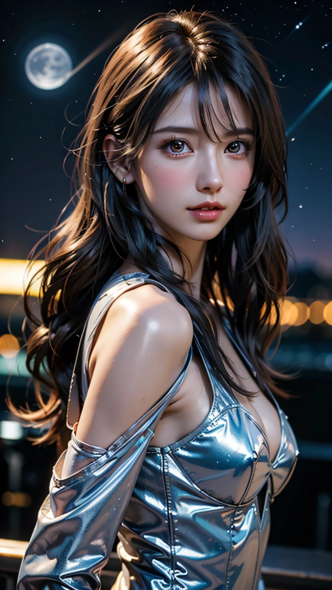 1girl, solo, extremely cute, Amazing face and eyes, (beautiful nice smile), blonde hair, (extremely detailed beautiful face), bright glossy lips, (big breasts:1.5), (Best Quality:1.4), (Ultra-detailed), (Ultra realistic, photo-realistic:1.37), beautiful fair skin, extremely detailed CG unified 8k wallpaper, raw photos, professional photograpy, cinematic lighting, (Night scenery, quiet night forest), (summer camp, tent), (Silence, night sky:1.3),