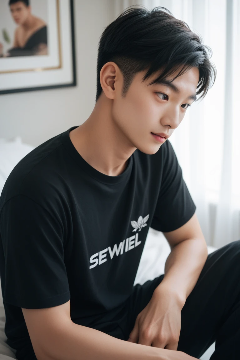 best qualtiy, tmasterpiece, (フォトリアリスティック:1.4), 1boy,kneeling on a bed,hand behind head,The upper part of the body,The lower body is wearing black shorts,There is armpit hair,Abs,with short black hair,Hairy