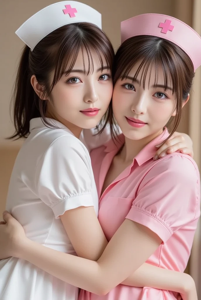 8K, Super detail, curate, Best quality, Masterpiece, 2girls,Two girls hugging,Nurse, Detail Face, double ponytail hairstyle, Black hair, White nurse hat, full body, no clothes, desk, Bed