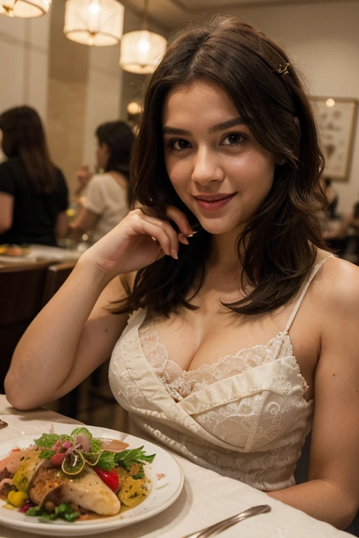 Latin woman between 25 and 30 years old, modelo instagram con vestido, comiendo alimentos saludables en un restaurante bonito