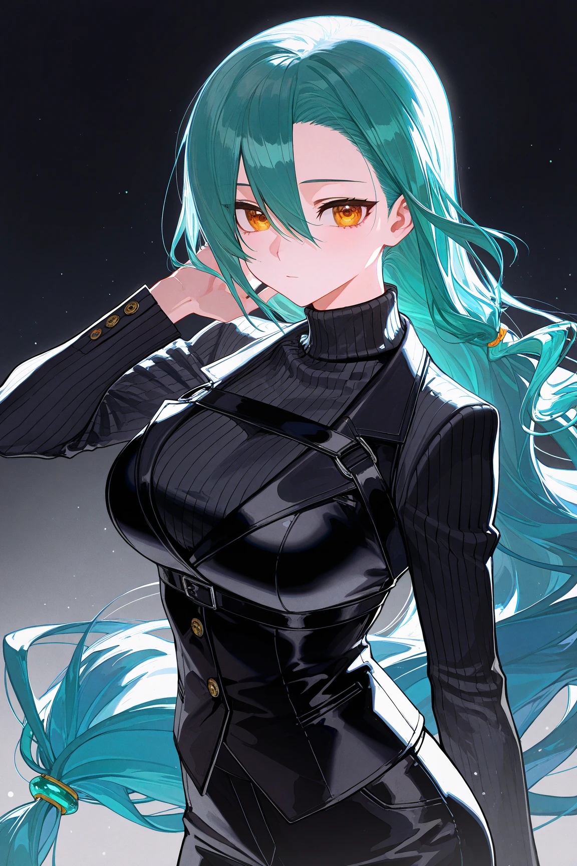 (Surreal), (Illustration), (High resolution), (in 8K), (Extreme Detail), (Best Illustration), (beautiful detail), (Best Quality), (masuter piece), (Wallpaper), ( Detailed face)、poneyTai、an eye patch、Black shirt、pant suit、neck tie、deacon、Wear less revealing clothing、full body Esbian、Realistic fantasy rendering, Realistic anime girl rendering, Full body portrait, (Big Breast: 1.4) popular in CGSTATION, wlop. 4K、highlight in eyes、Night background