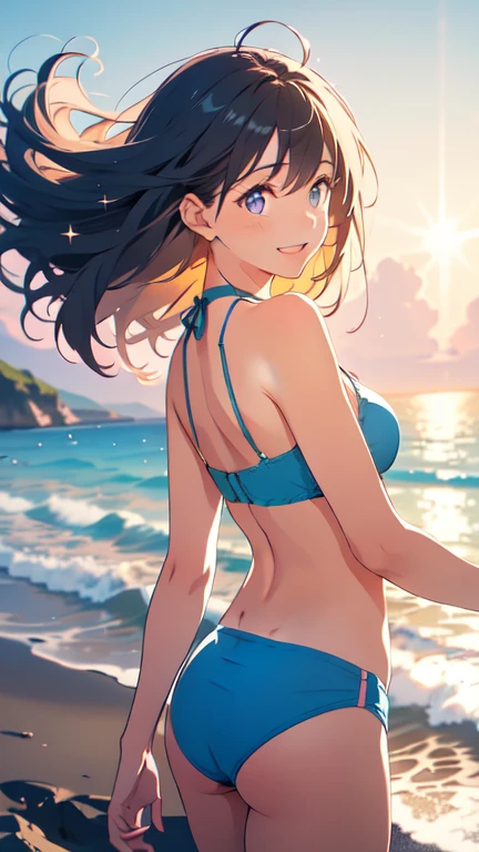 cute anime girl, leaning forward, in bikini, bangs, blue eyes, at the beach, waving, sunburnt, cup size D boobs, black hair, smiling, ponytail, tall, wave coming in, slender, sunset, low angle