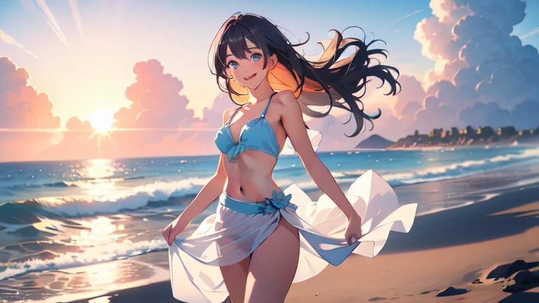 A woman wearing a separate swimsuit、Draw a scene of a person walking towards the sea on a beach with a swim ring。The excited expressions before entering the sea、The sparkling surface of the sea represents the joy of summer.。In the background、The horizon and sky in the distance are depicted.。