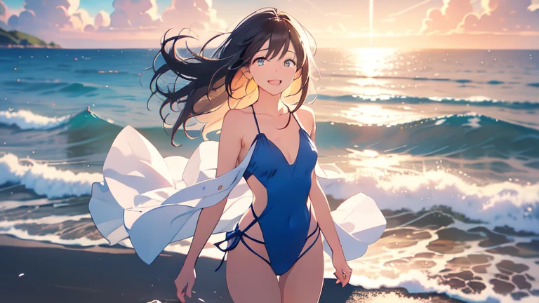 (best quality, masterpiece), 1girl, bikini, off shoulder, happy, dark skin, ocean, looking at viewer,