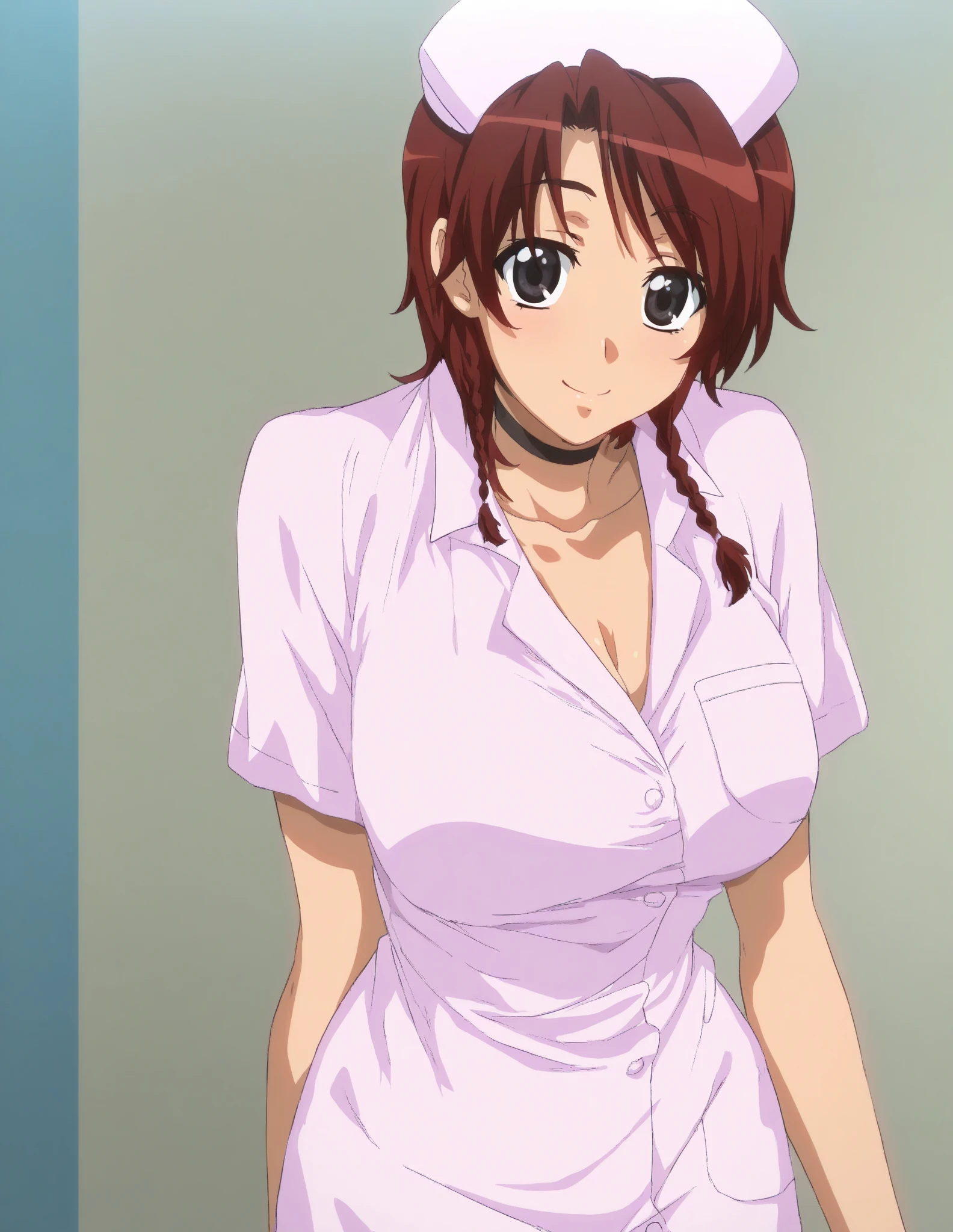 (Best quality, 8k, 32k, Masterpiece, UHD:1.2),Photo of Pretty Japanese woman, 1girl, (medium-short dark brown hair), (large breasts), double eyelid, White nurse uniform, small white nurse (cap), white shirt, open shirt, hospital, patient's room, upper body, sexy