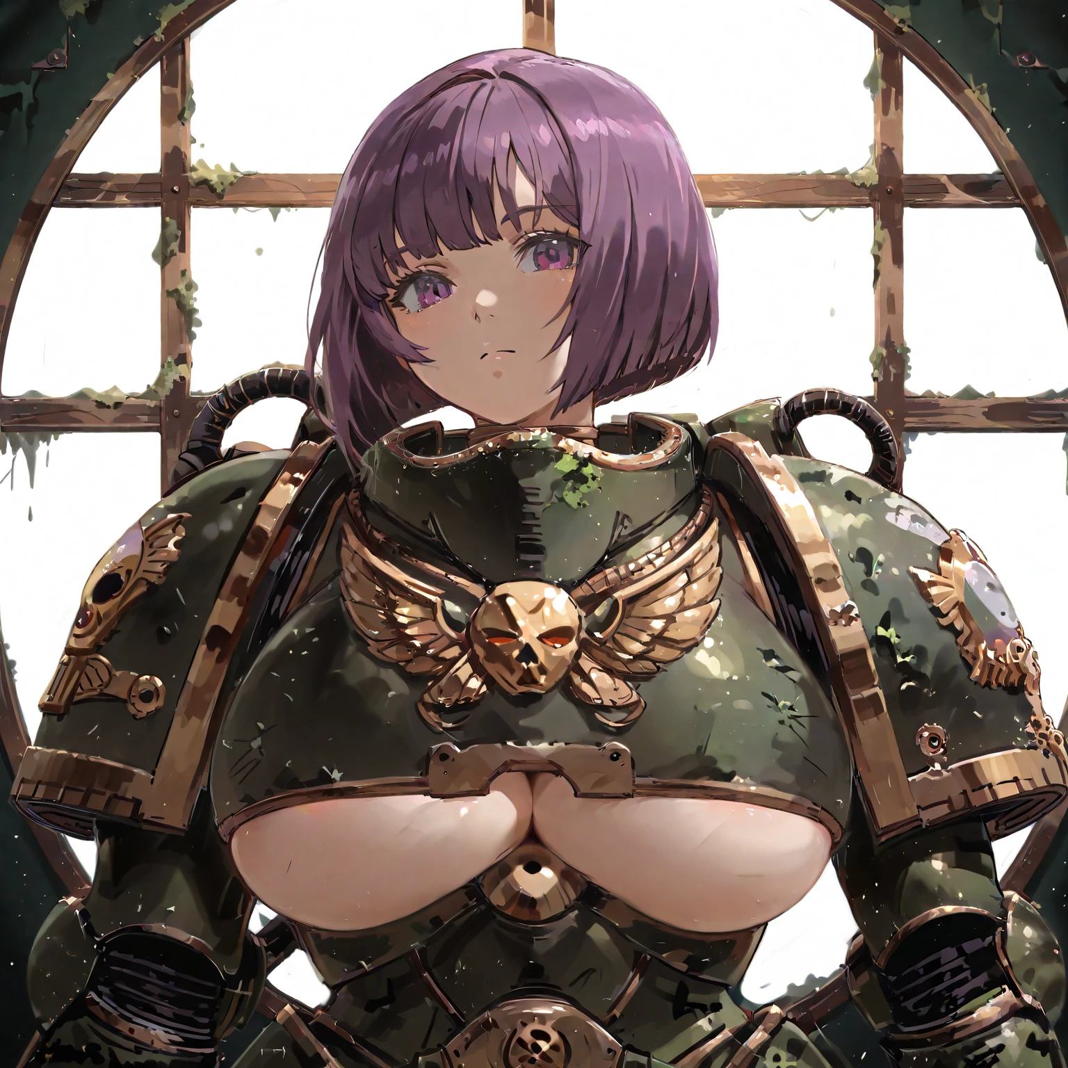 Copper bikini armor, copper crown, bare belly, big breasts, green hair, red eyes, bikini armor, copper, copper automaton, technology