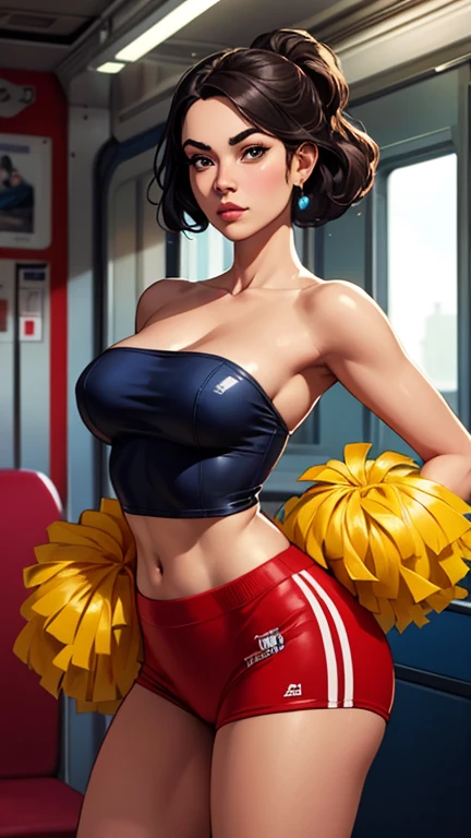 1980's, female, inflating hitomi-t, red hair, blue eyes, makeup, extra long hair, earrings, halo, (blow bubble gum:1.2), (Baseball blue and gold uniform with pants), (blue and gold baseball cleats), (wearing bright red baseball batters cap), (big breasts:1.3), (muscle inflation:0.9), (bulky muscular legs), (bulky muscle:1.1), (blow bubble gum:1.4), pleasurable look on face, standing on outdoor baseball home plate in all female sports stadium, (pitching baseball towards camera)