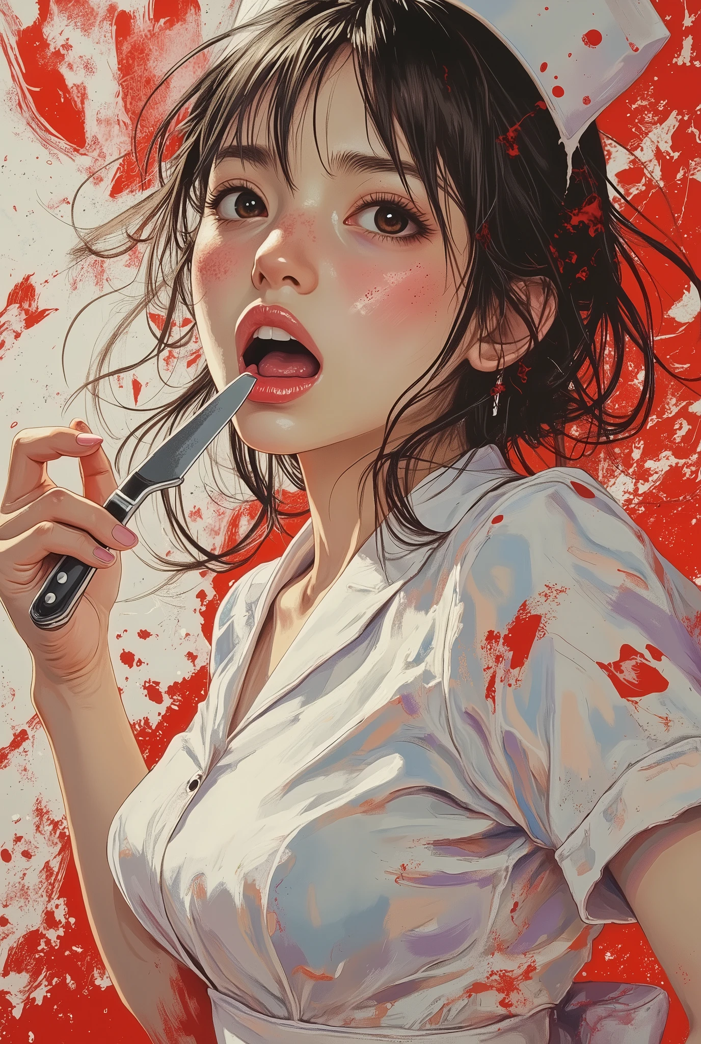 dynamic bust-up shot, a yandere nurse mid-motion with intense wide eyes and a twisted smile, tilting her head as she slowly licks the edge of a surgical knife, arm raised with wrist slightly bent, classic white nurse uniform with fluttering fabric, acrylic painting style, high resolution, thick expressive brushstrokes, swirling red and white background with abstract motion trails, light catching the blade and her eyes, dramatic cinematic lighting with sharp shadows, strong emotional tension, masterpiece, best quality, trending on ArtStation
