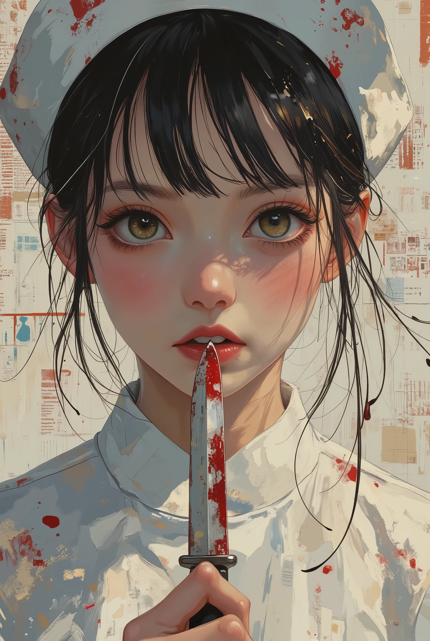 bust-up shot of a yandere nurse with wide obsessive eyes and a sly smile, licking the edge of a bloodstained surgical knife, wearing a classic white nurse uniform and cap slightly tilted, acrylic painting style, high resolution, thick expressive brushstrokes, dramatic red and white color palette, abstract medical background with blurred anatomical charts or splattered texture, soft glowing highlights on skin and metal, shadowed corners for a sinister mood, masterpiece, best quality, trending on ArtStation