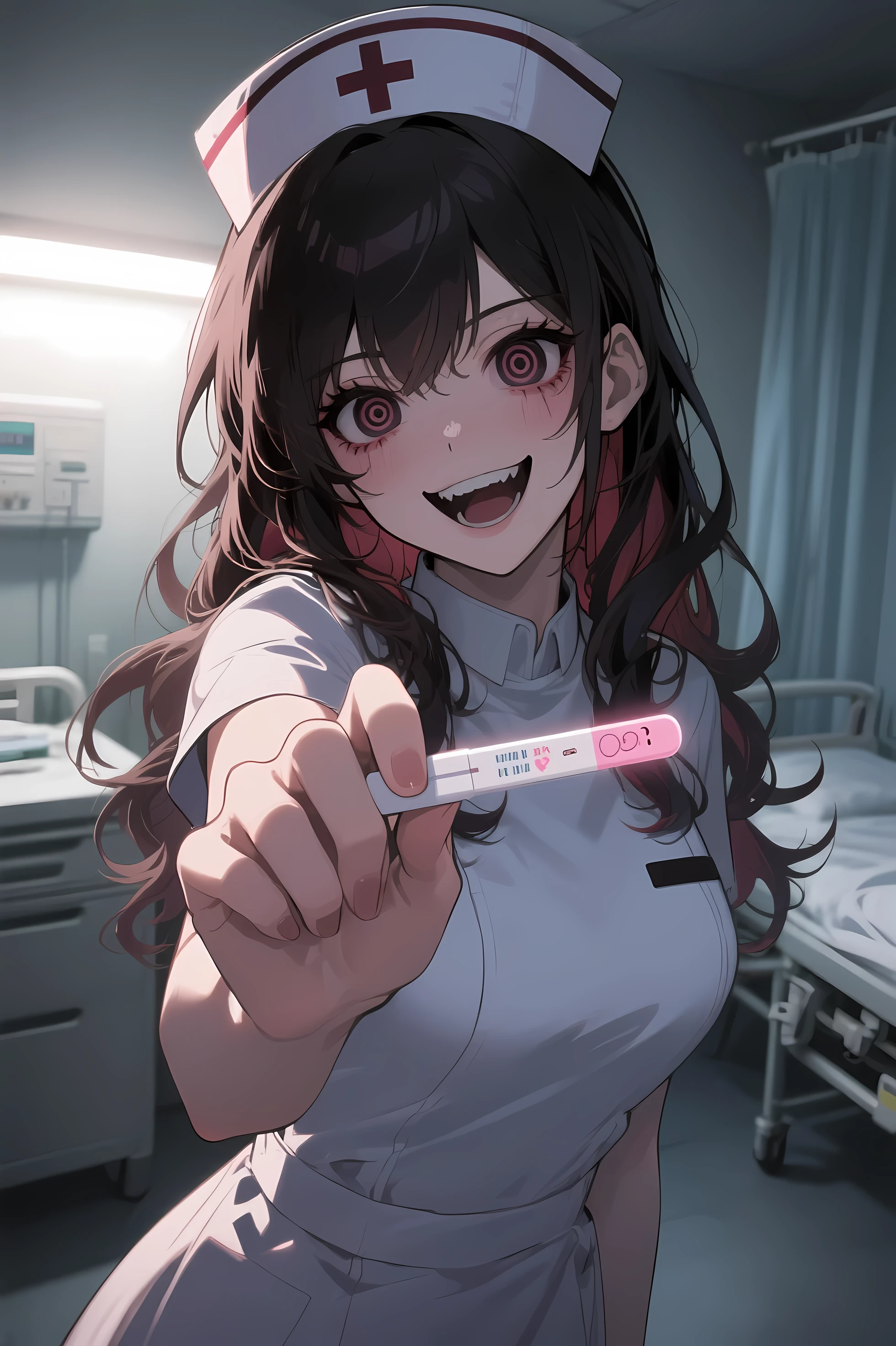 detailed illustration, dynamic angle, ultra-detailed, illustration, 1girl, 18 year old, school girl, nurse outfit, cleavage, wavy brown hair, long hair, bright brown eyes, cleavage, medium breasts, wide eyes, shock, surprised, shocked eyes, gasping, confused, walking into bedroom,