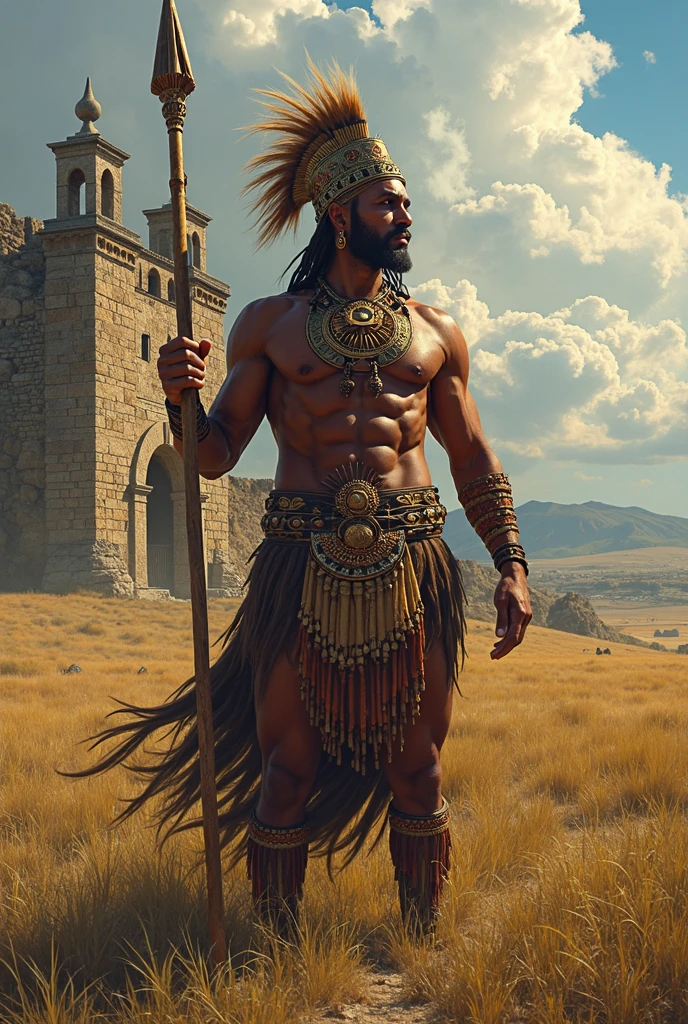 Aztec warrior on a rock with a spear in his hand, epic perspective