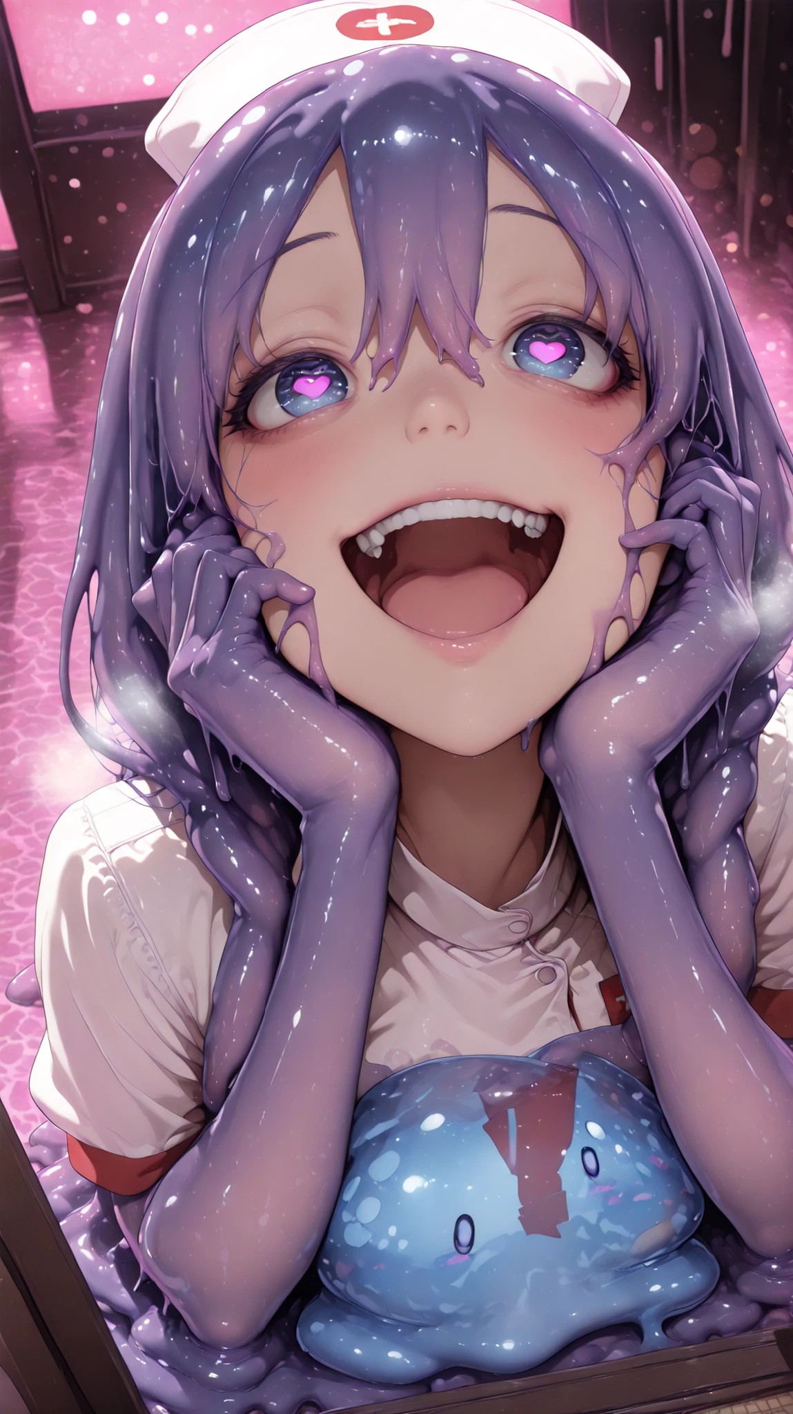 cinematic, (masterpiece), (best quality), (ultra-detailed), very aesthetic, illustration, realistic illustration, perfect composition, intricate details, absurdres, (anime, masterpiece, intricate:1.3), (best quality, hires textures, high detail:1.2), (4k),(incredibly detailed:1.4),realistic shadow, charming slime girl in a yandere style、Wearing a nurse uniform ,giant eyes、Gruly Expression、bright blue slime body、Tentacles extending from the back、Wicked Smile、4K high definition,has an extremely fine texture,realistic texture,Realistic,HDR,UHD,Studio Lighting,Ultra Fine Paintings,in focus,Physically Based Rendering,Professional,vivid colors,bokeh,(purple Heart effect in the air),open mouth,(steam:1.2),(fish-eyeangle:1.2,Dutch angle 1.4),from above,slime face,(gelled slime body:1.2), yandere trance, yandere, hands on own cheeks, hands on own face, crazy eyes, crazy smile, crazy, heart-shaped pupils,dark pink lighting