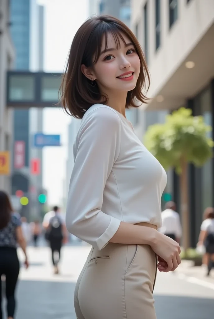 girl, age 25 years, height 170 cm, wearing black pants and white maika, building, brown hair, on the street, the city of tokyo, real photo, photo in full height