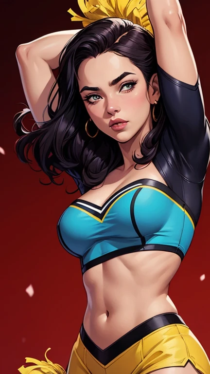 (high quality, best rendering), (beautiful girl), Blue Eyes,black hair, (bombshell, pin-up style), psychopath, crazy face, sexy pose, 2 piece outfit, pastel, centered, scale to fit dimensions, micro thong, micro bikini, camel toe