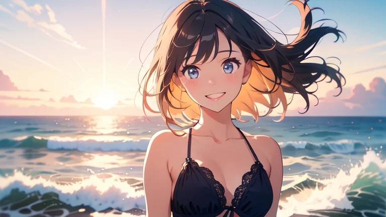 Selfie, Photo cute Hong Kong girl with GoPro camera, Sexy swimsuit and on the beach, Wet, Smile, Sharp face, Soft lighting, fish-eye lens, solar flare,