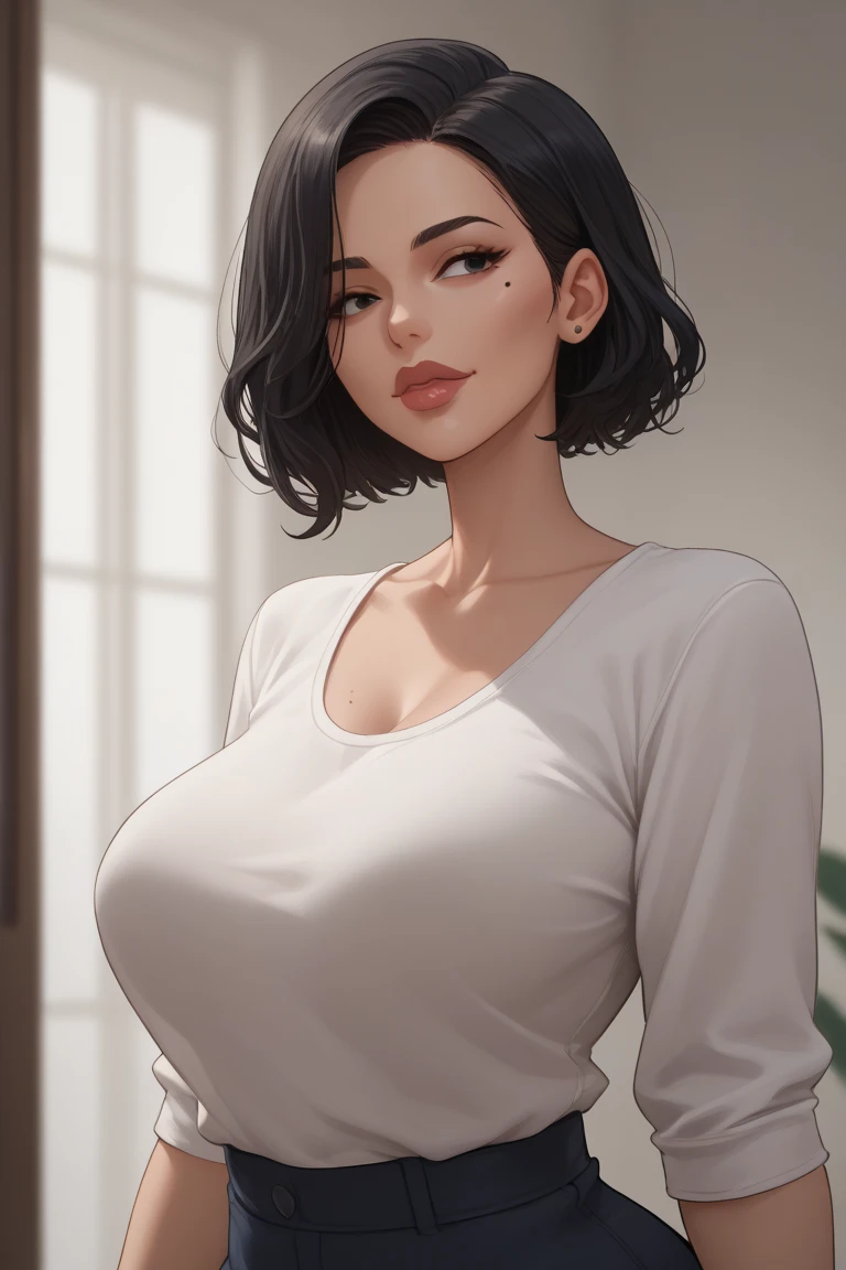 1 Girl, Short black hair, Beautiful detailed eyes, Beautiful detailed lips, Highly detailed face, Red eyes, Large Breasts, Curvy Body, Mature Woman, Musk, Sweaty, Standing in the living room, Photorealistic, 8K, high quality, Digital Art, Intricate details, Warm lighting, Cinematic composition, Dramatic lighting
