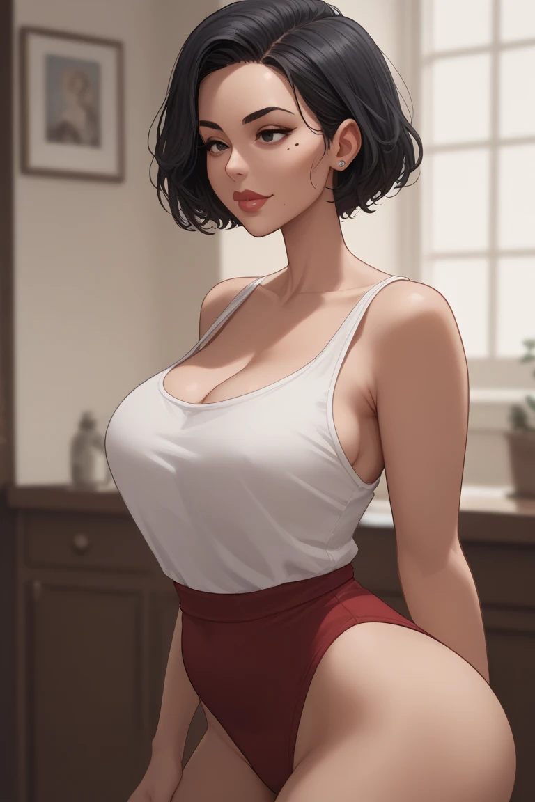 Hot sexy beautiful milf mom on house balcony enjoying mountain view, hoops earrings,black hair,hair bun,blush,black eyes, necklace ,one hair bun,hair brochure, lipstick,wet  casual loose t shirt,big breasts ,sharp nipple,causal pant, bracelet,big ass