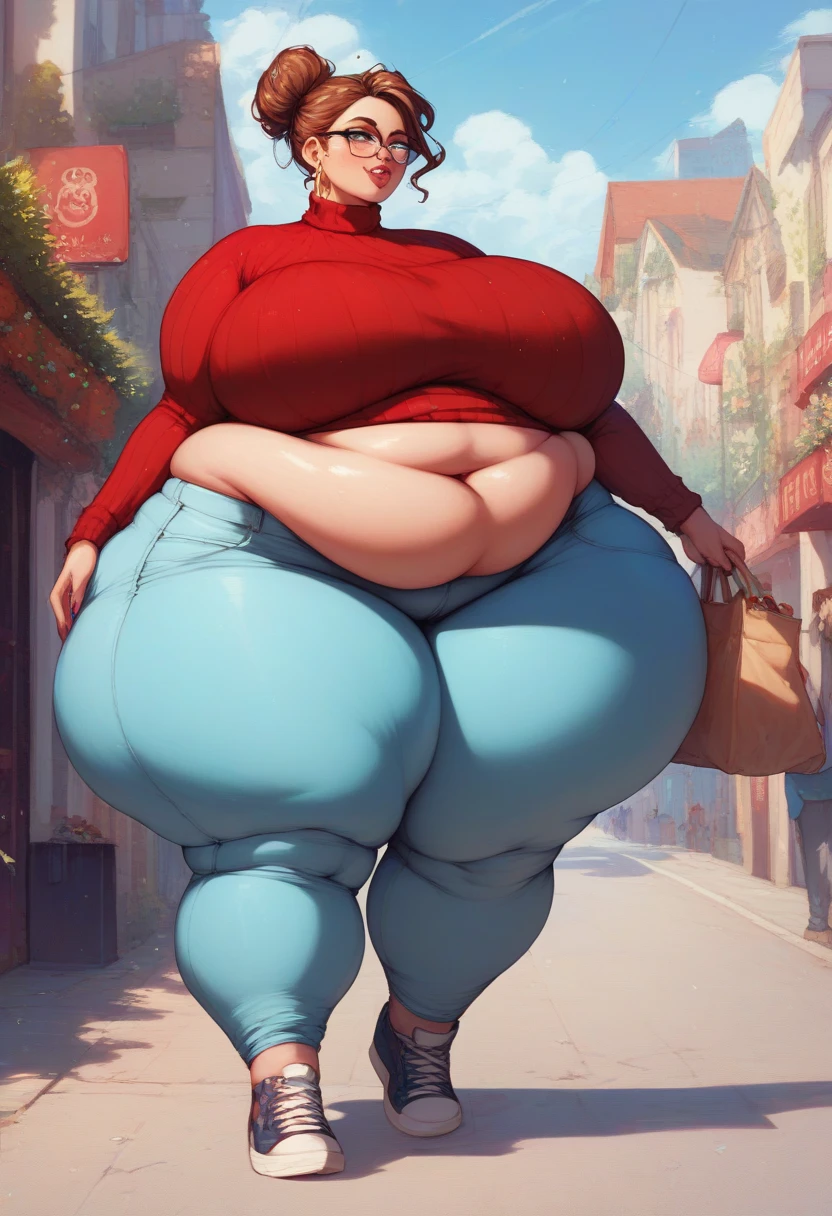 1 girl, hyper curvy hermione granger, wearing tight hogwarts sweater, anime art style, unaware giantess, hyper ass, hyper breasts powerful thicc thighs, covered big puffy nipples, detailed hogwarts background, bugs eye view, looming over tiny people, casting a shadow below