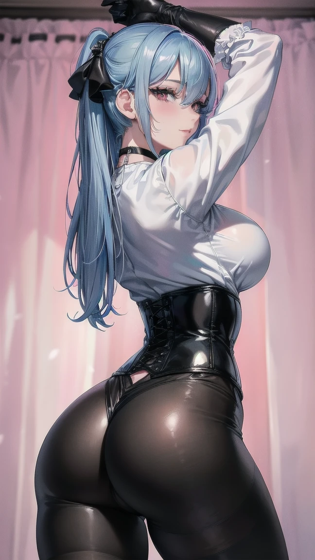 masterpiece, ultra-detailed hair, better lights, better shadows,1girl, yukino, breasts, skirt, silver hair, solo, long hair, large breasts, blue eyes, braid, ass, looking at viewer, braided ponytail, hair ornament, sleeveless, hair flower, black skirt, shirt, indoors, flower, looking back, bangs, bare shoulders, pencil skirt, from behind, window, thighs, mole under eye, sleeveless shirt, pink shirt, blush, bare arms, office lady, very long hair, plant, contemporary, parted lips, miniskirt, single braid, closed mouth, purple flower, pantyhose, ribbed shirt,