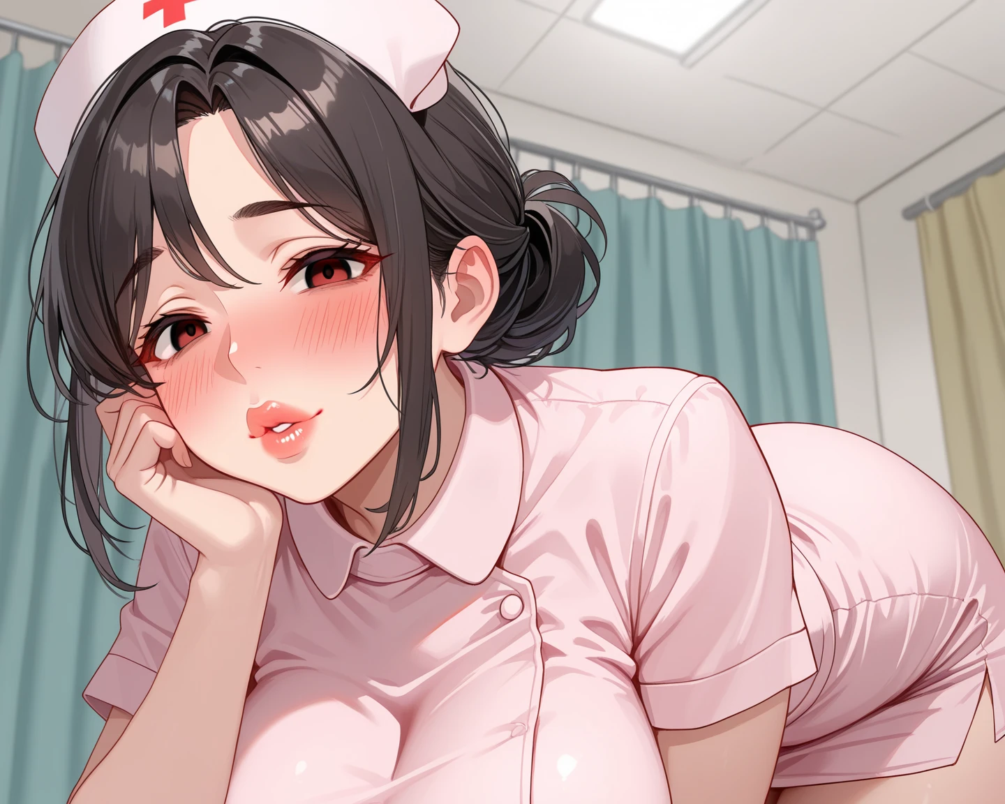 (masterpiece:1.2), (best quality:1.2), (extremely detailed:1.2), (extremely detailed face), (ultra detailed), 1girl, delicate eyes and face, (close up:0), (deepthroat:1.1), (nurse Uniform:1.1), (white cum, semen facial:1.2), (penis in mouth:1.2), black hair, ((nude)), sweaty skin, slim and  body, medium , high ponytail hair, (joy:1.3), in hospital,bed, (crowd :1.3), (small penis),