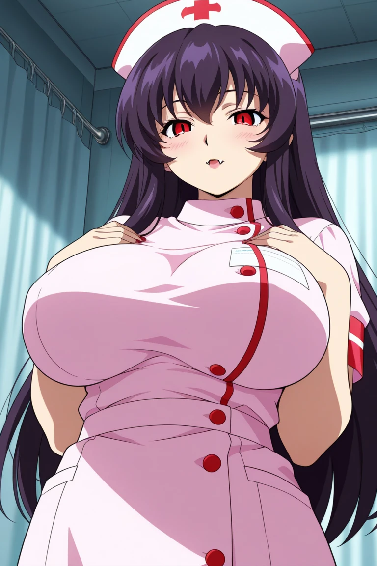 masterpiece, best quality, shiranui, 1girl, breasts, solo, sweat, shiranuioutfit, large breasts, cleavage, midriff, smile, looking at viewer, hand on hip, blush, huge breasts, brown hair, long hair, bangs, hair between eyes, red eyes, hair ribbon, taimanin leotard, bathroom, naked bathrobe,