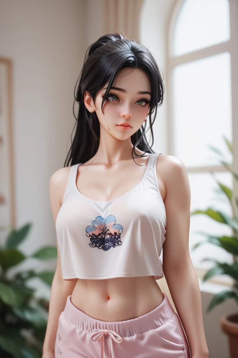 (masterpiece, best quality), best resolution, (2heads:1.5), realisticlying、女の子 1 人、One head with black hair, Other head with white hair, heads side-by-side equally on chest, verd s eyes, radiant eyes, croptop, skinny pants, Parted lips, red blush, natta, florals, suns, sunlights