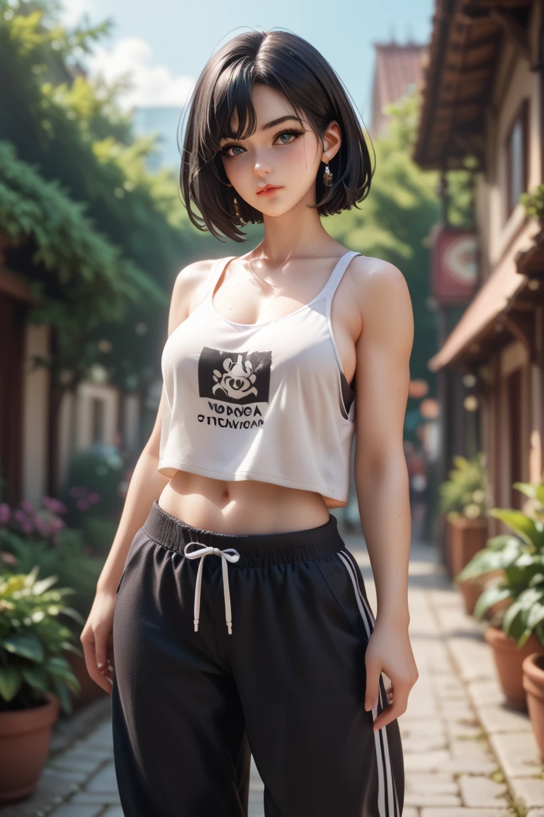 1 girl, short pixie black hair with bangs, circle glasses, headphone, tall girl, large breast, perfect body, wearing crop top and short red adidas pants , jogging, in the field park, fullbody shot, detail eyes, detail face , smile, energetic, side view,