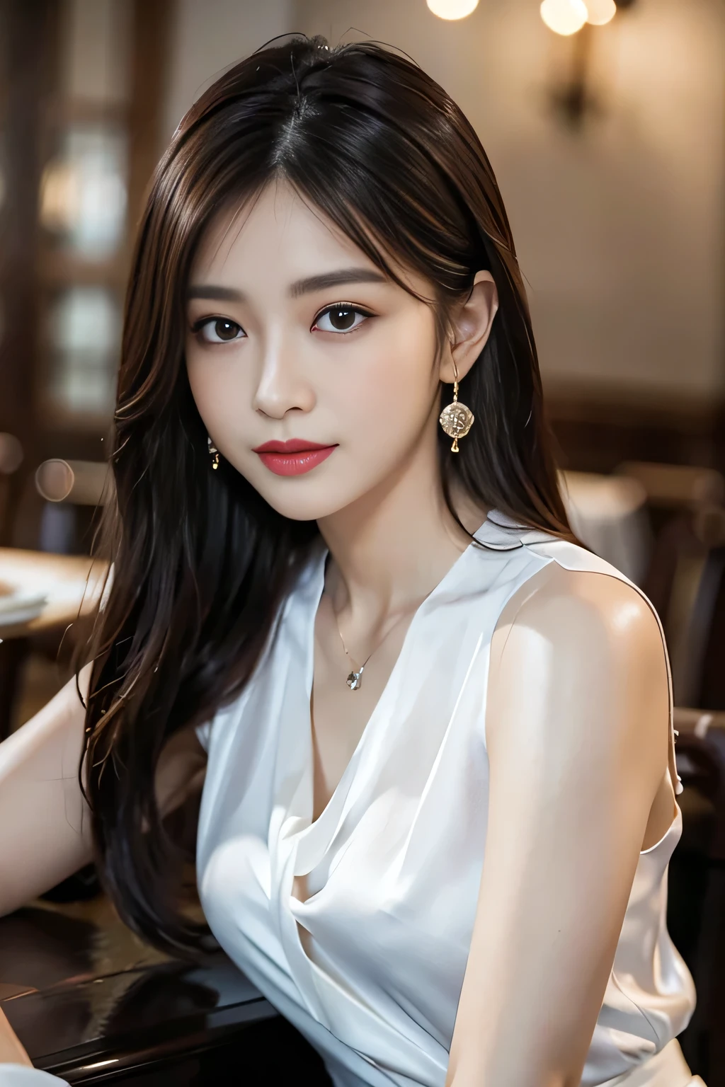 masterpiece, Highest quality, Realistic, Very detailed, Finer details, High resolution, 8k wallpaper, One beautiful woman, Wear a fine colored silk shirt, In a great restaurant, At night, Light brown messy hair, Perfect dynamic composition, Beautiful and beautiful eyes、Big earrings、chest、Sleeveless shirt、
