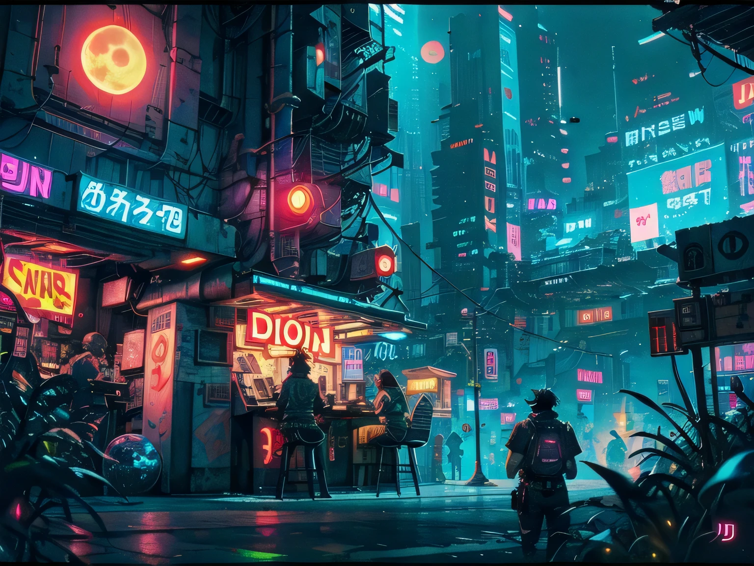 (masterpiece, 4k ,ultra detailed:1.2),(anime:1.2),illustration,(realistic:1),(photorealistic:1),
(solo:1.4),
(sitting on stool:1.2),(from side:1.2),(looking away,facing away:1.2),(from above:1.3),
(perspective:1.2),
(indoor,bar:1.4),(counter,cyberpunk,reflection:1.2),(crowd,people:1.4),
(neon sign,blue neon,pink neon,yellow neon:1.4),
(off-shoulder neon trench coat,t-shirt,cargo pants,sneaker:1.3),
(platinum white hair,ponytail:1.2),(supermodel:1.4),(various hair color),