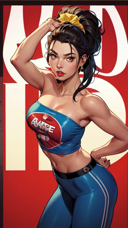 (high quality, best rendering), (beautiful woman, black haired, blue-eyed), (bombshell, pin-up style), psychopath, crazy face, sexy pose, (bikini bottoms), ((no top)),pastel, centered, scale to fit dimensions, micro thong, micro bikini, camel toe