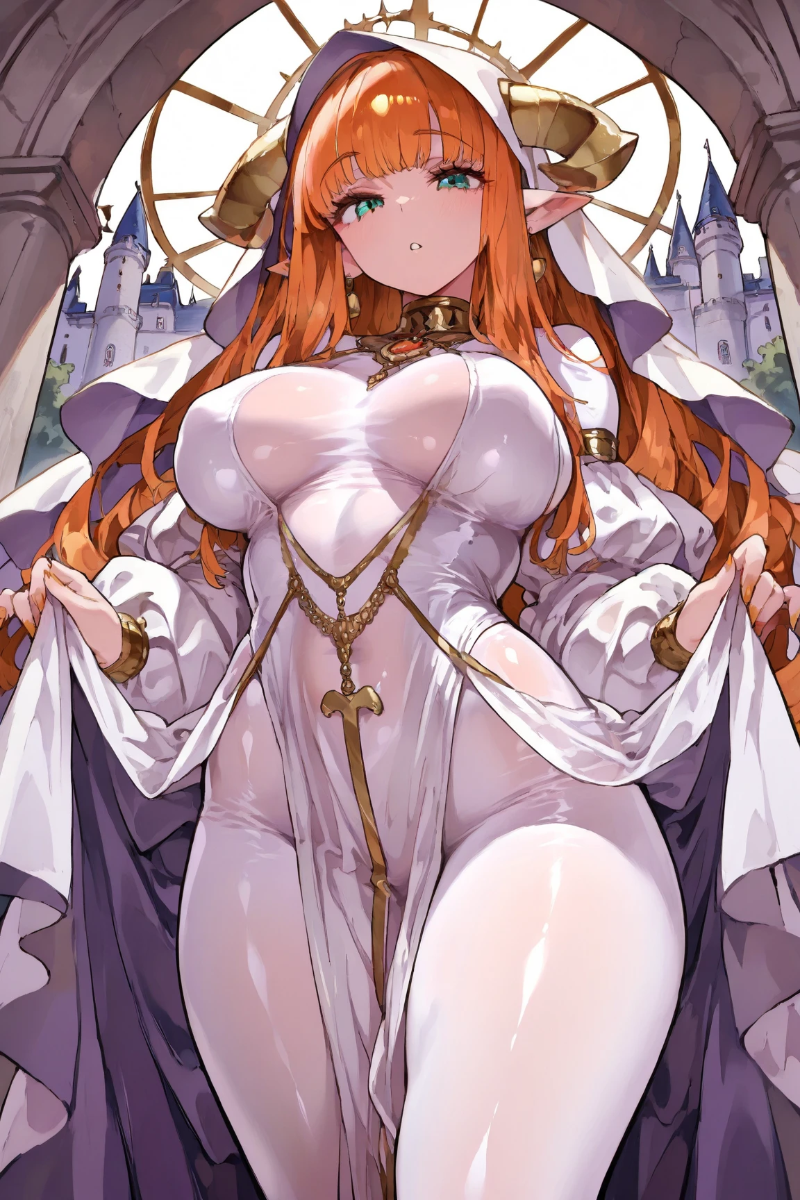 In a garden full of flowers, under the sunlight, Super high quality(8K) Masterpiece Best Quality 1girl Detailed Beautiful Woman soft and big breasts, highly detailed red eyes shiny big nipples nature_lit, shining outdoors, Highly detailed wavy long hair, Beautiful night sky Highly detailed clear white skin Highly detailed single line pussy albino big breasts red cheeks Completely naked small face adult erotic woman eight-headed body elf spread legs Red hair garter belt gloves up to the elbow Thighhighs Muchimuchi Robe of skimpy Highly detailed sleepy expression Fair skin white people grassland creampie breasts covered in milk