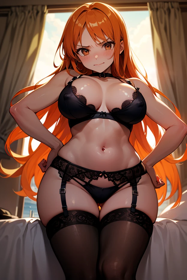 1 girl, long ginger hair, fox ears, only fox ears, crimson eyes, extremly detailed, blushing, huge breasts, sexy and seductive, wearing black lingerie garter belt, bedroom, tall women, long flufy nine fox tails, thicc thighs, wide hips, smile, horny, absurdes, high res, ultra sharp, 8k, masterpiece, looking at viewer