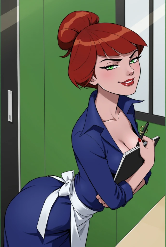 sam, totally spies, orange hair, bare shoulder skirt, kneeling, blowjob, security guard, desk, fat man, side view, boots, security guard uniform, room