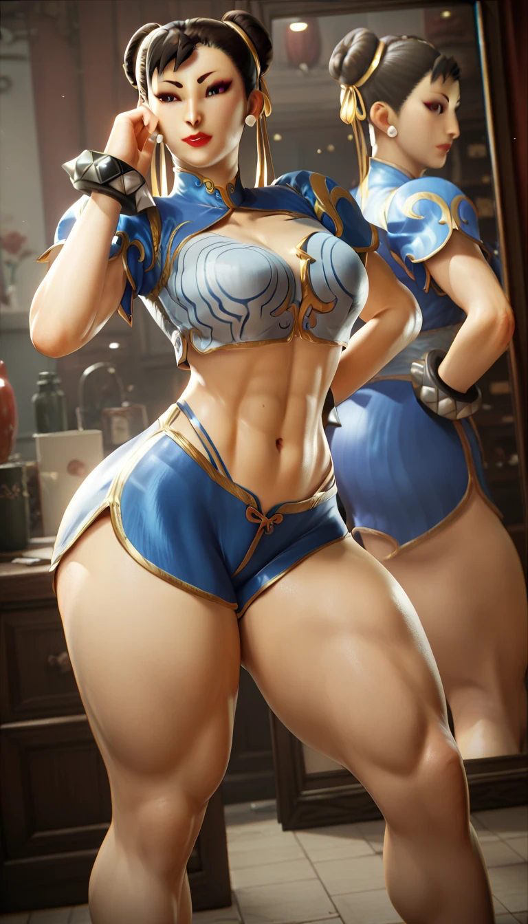 (8k, RAW photo, best quality, masterpiece:1.2), (realistic, photo-realistic:1.37), eve, 1girl, standing, looking at viewer, solo, cleavage, thighs, (white lace bra), tight shorts, (((mature female))), curvy, huge breasts, ((chubby belly:1.3)), , ((toned thighs)), (muscular thighs), chunli, chun li
