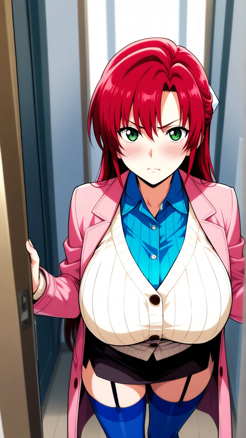 Makima,from the anime,with a pink blouse tied around her breasts,with nipple showing, and no clothes underneath
