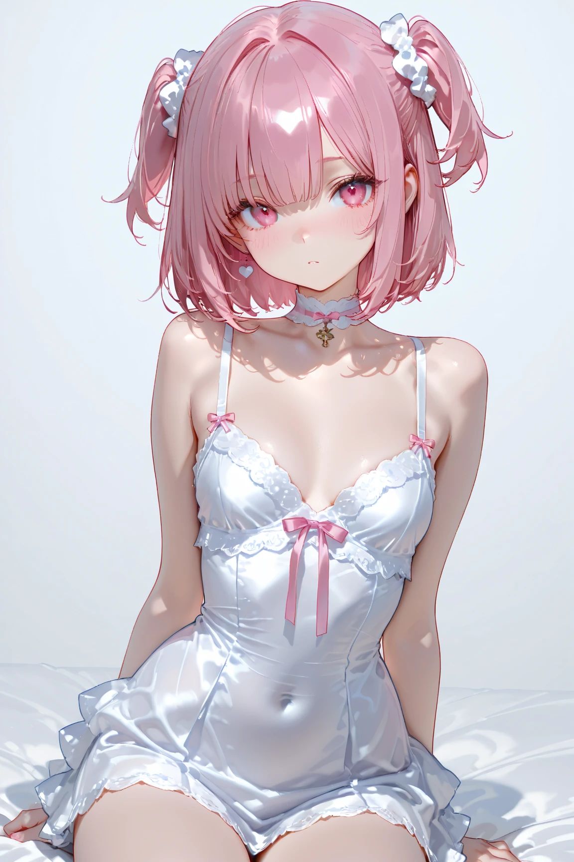 (best quality, 4k, 8k, high resolution, masterpiece:1.2),ultra-detailed, realistic, body details, vibrant color palette, sculpting tools, polished surface, impeccable craftsmanship, awe-inspiring artwork, male with feminine face, short pink hair with bangs, pink eyes, pale skin, thick thighs, white lace choker, white lace sleeveless turtleneck, white lace shorts, white lace bridal gauntlets, white lace thigh highs, sitting on luxurious canopy bed, high quality, high resolution))