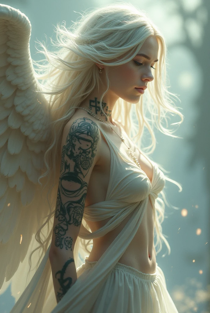 A woman sexy half angel and half demon. She has a two colored hair, white hair on left side, black hair on right side. She has a angel wing on left side and a demon wing on right side. She uses only tatoos in her nude body. Devil horns and tail. Halo in head.