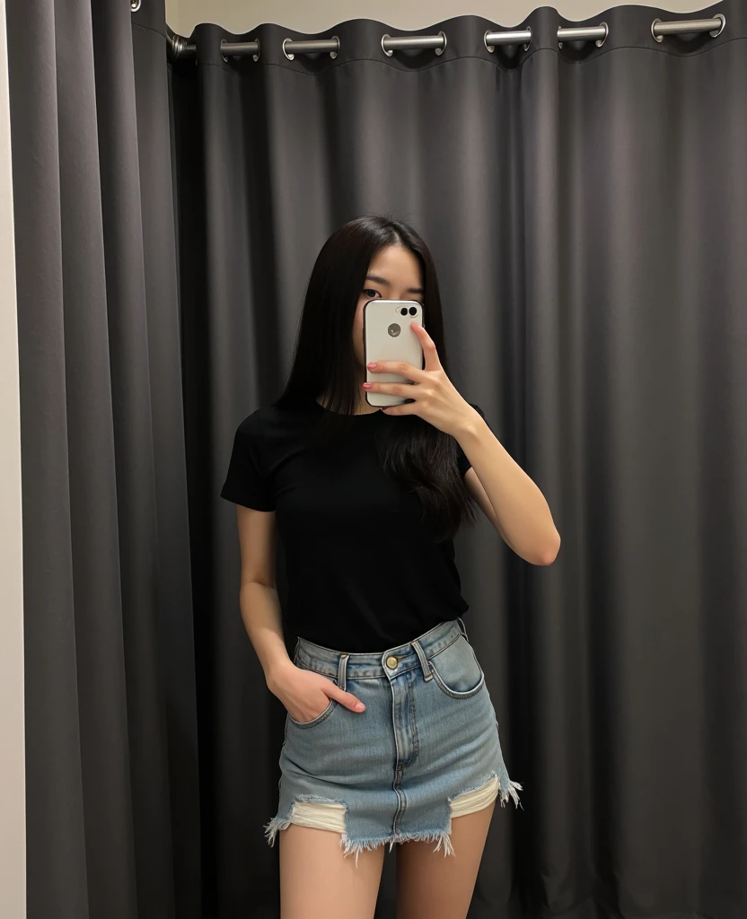 masterpiece, Japanese beautiful lady, narrow waist, casual wear, summur, fitting room, dark long hair