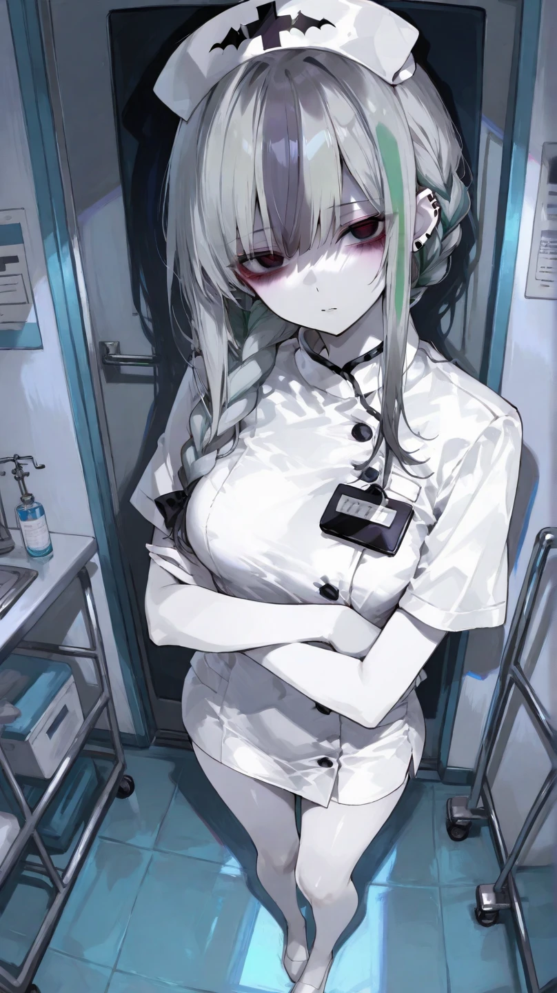 1girl, long hair, bangs, ((white elbow gloves)), ((surgical gloves)), ((latex gloves)), ((((long sleeves)))), ((gray surgeon outfit)), looking at viewer, ((gray doctor outfit)), standing, solo